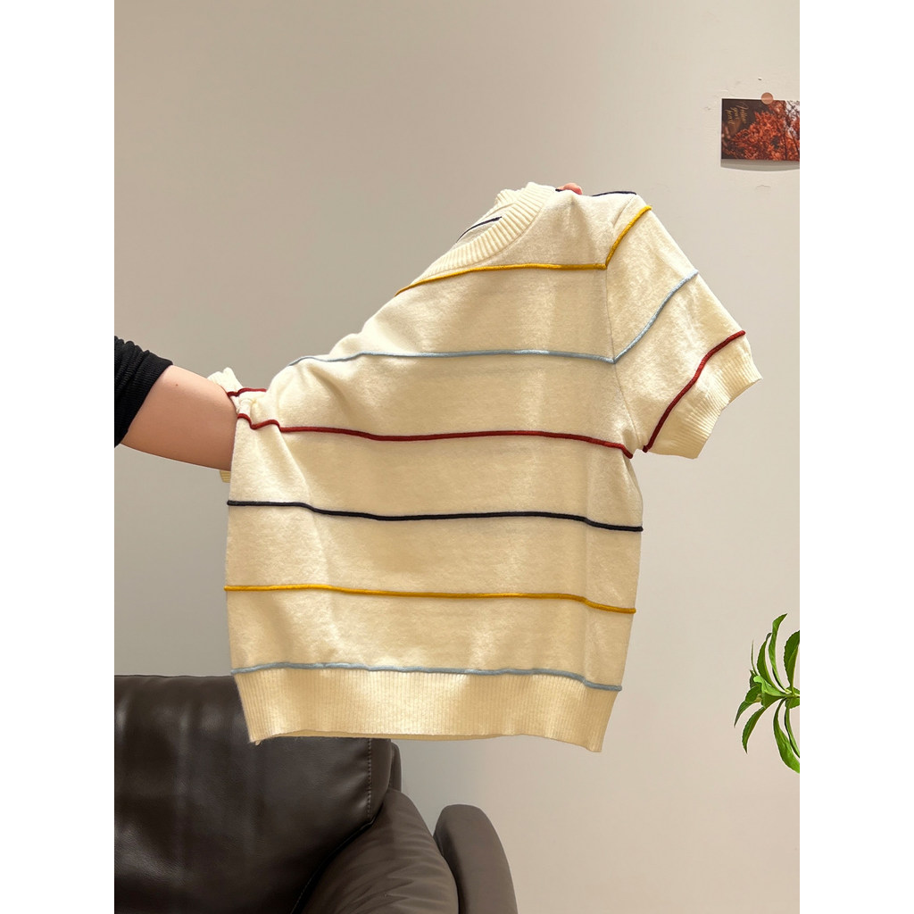SUXI Áo thun dệt kim ngắn tay sọc nhẹ nhàng dành cho nữ mùa hè mới 260513