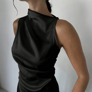 Nova-Áo vest satin cổ cao thanh lịch, vạt bất đối xứng, không tay, thời trang ôm sát dành cho nữ.