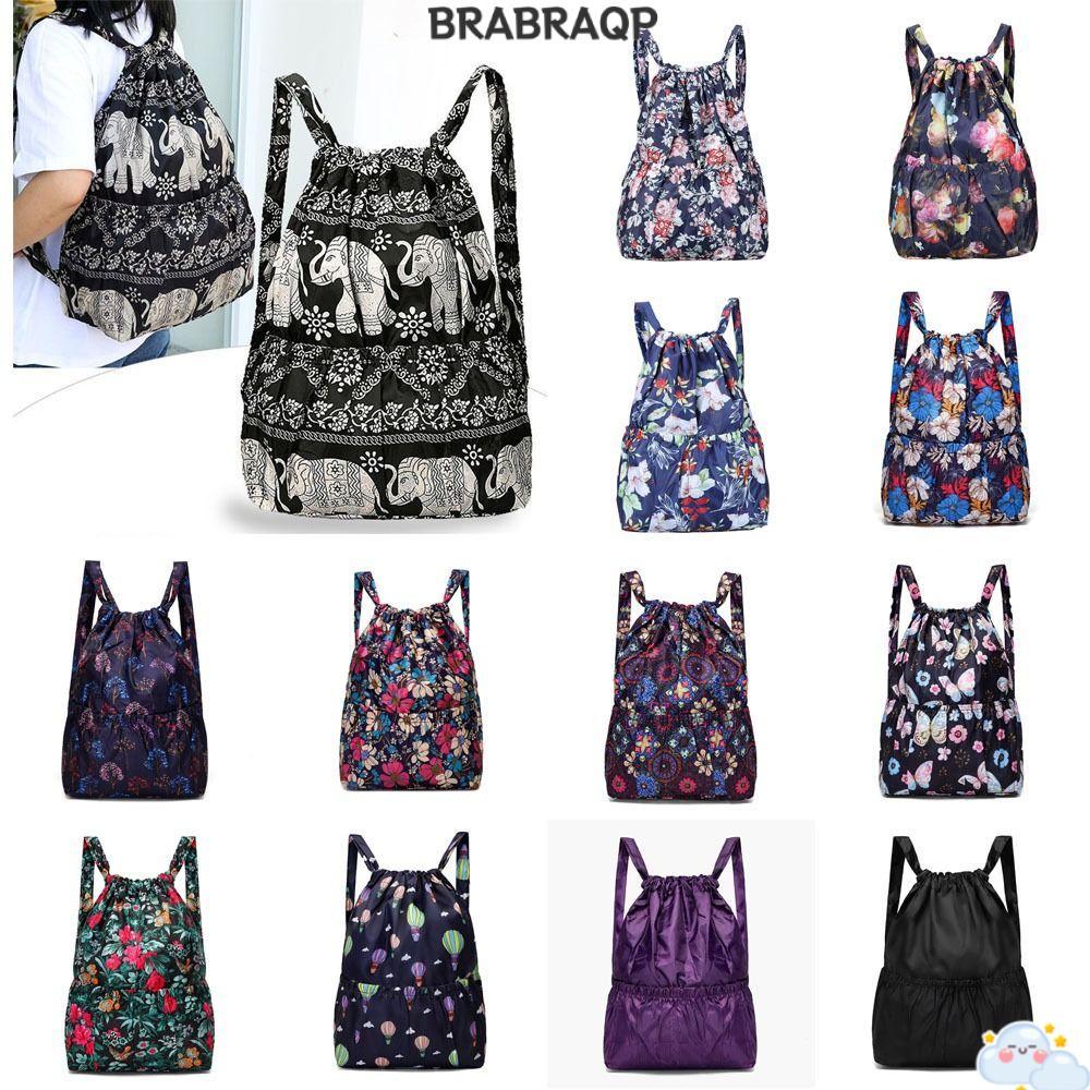 Túi dây rút BRBRAA, Ba lô chống thấm nước in hoa, Túi mua sắm di động bằng vải Polyester nhẹ đa năng dành cho nữ