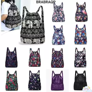 Túi dây rút BRBRAA, Ba lô chống thấm nước in hoa, Túi mua sắm di động bằng vải Polyester nhẹ đa năng dành cho nữ