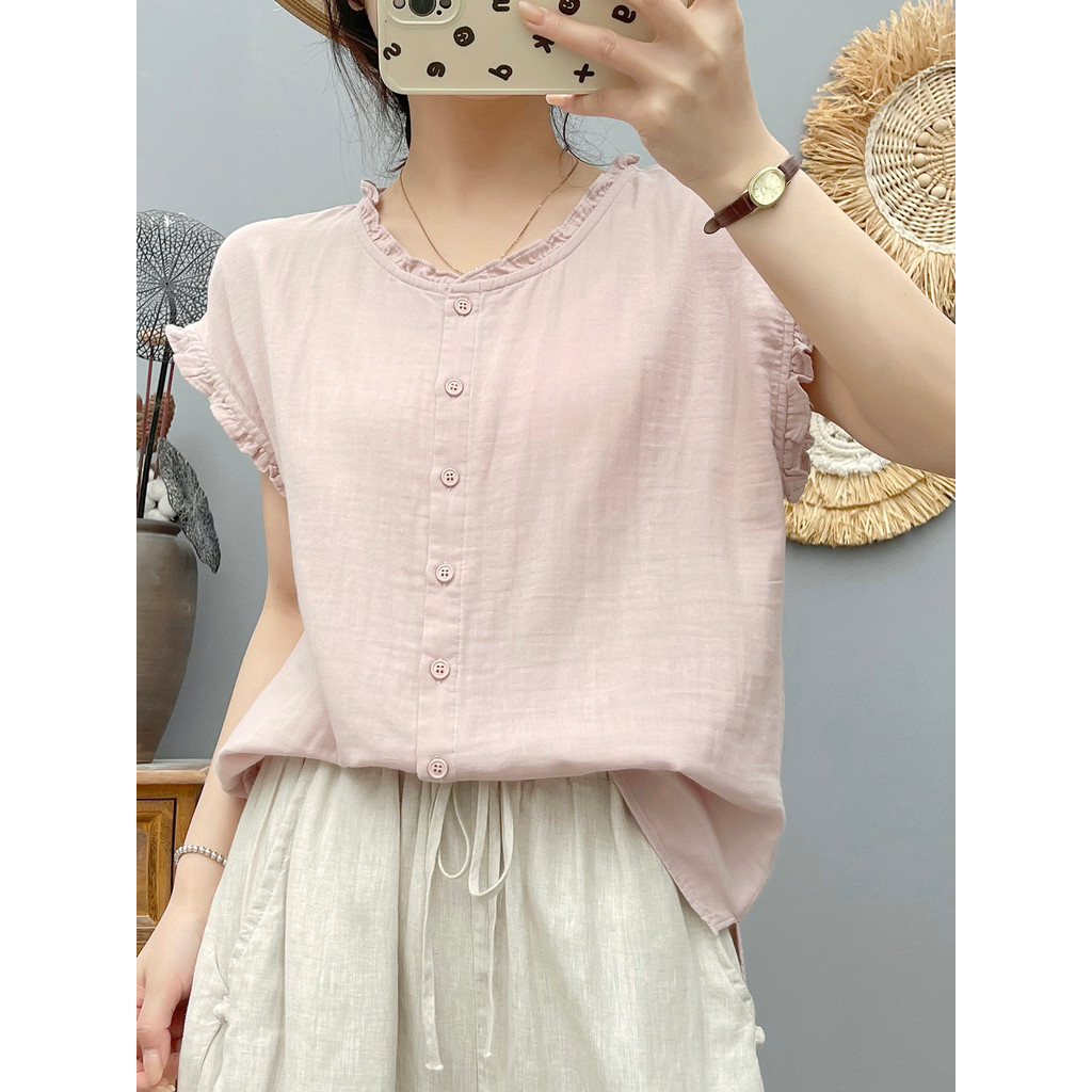[Hàng có sẵn] Áo sơ mi nữ 100% sợi Cotton chất lượng cao Nghệ thuật mùa hè Cổ nhỏ tươi mềm mại Áo không tay thân thiện với da