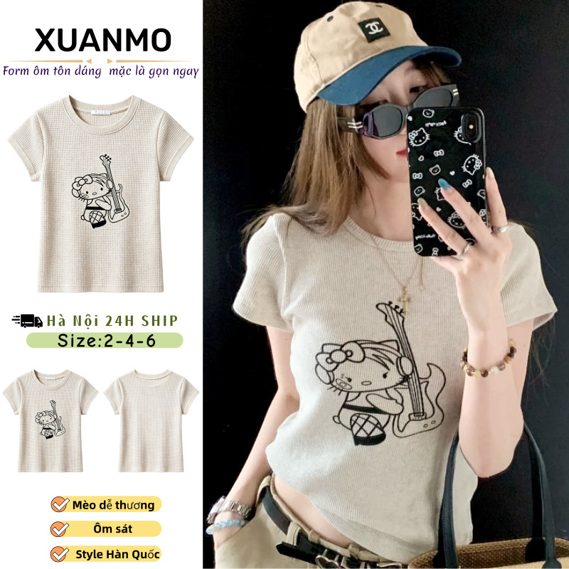 Áo thun ngắn tay in hình mèo mùa hè 2026 Phong cách mới Phong cách Hàn Quốc Hot Girl Slim-fit Slimmer Look Top