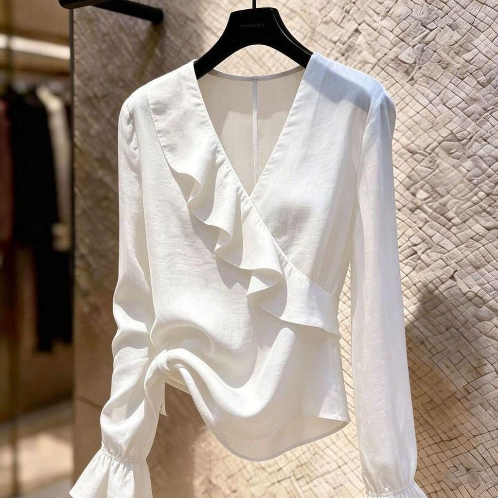 [Khuyến mãi trong thời gian có hạn] Áo sơ mi cổ chữ V màu trắng Niche cao cấp mùa hè Slimer Look dài tay Top nữ