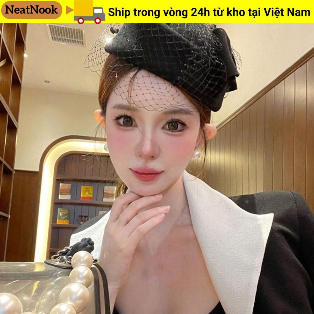 Mũ nơ NEATNOOK có tấm che mặt, Mũ len Cashmere phong cách Anh Quốc, Mũ trang trọng nữ tính khí cô dâu