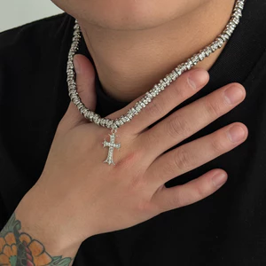 Vòng cổ nam Cross Full Diamond - Hợp kim mạ K trắng - Dây chuyền kim cương lấp lánh - 41-50cm - Phong cách tối giản sang trọng nhẹ nhàng