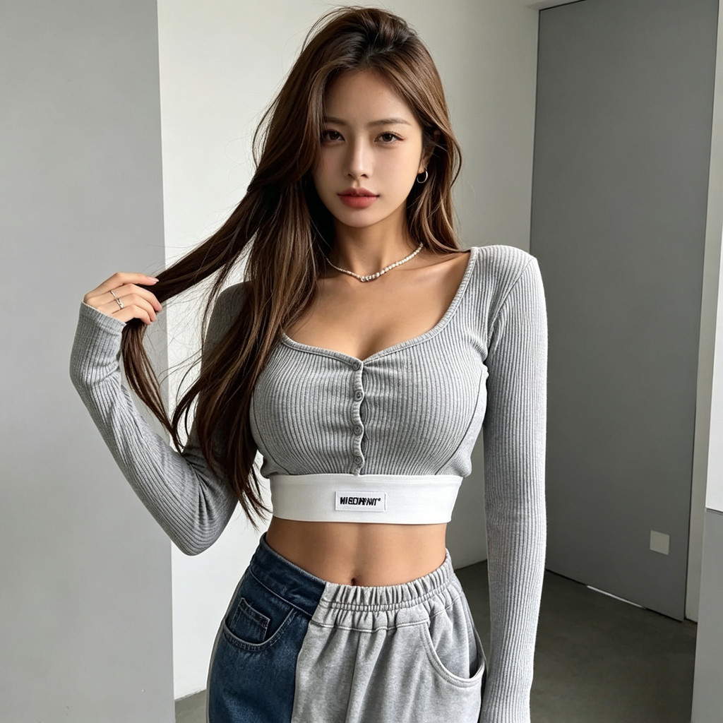 Milyfahion Màu Sắc Tương Phản Chắp Vá Webbing Ngắn Top Slim-fit Cổ Vuông Cắt Thấp T Áo Phông Cho Bé Dài Tay