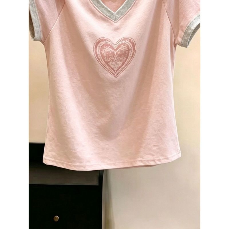 Cotton plus size Hàn Quốc Cổ Chữ V In Hình Tình Yêu Mùa Hè Mới Rời Tay Ngắn Dành Cho Nữ