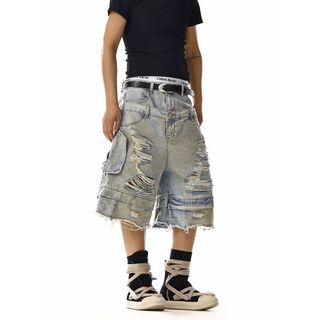 Quần short denim nam GKSSS Thương hiệu hợp thời trang Mỹ đục lỗ nặng chất lượng cao trung tính