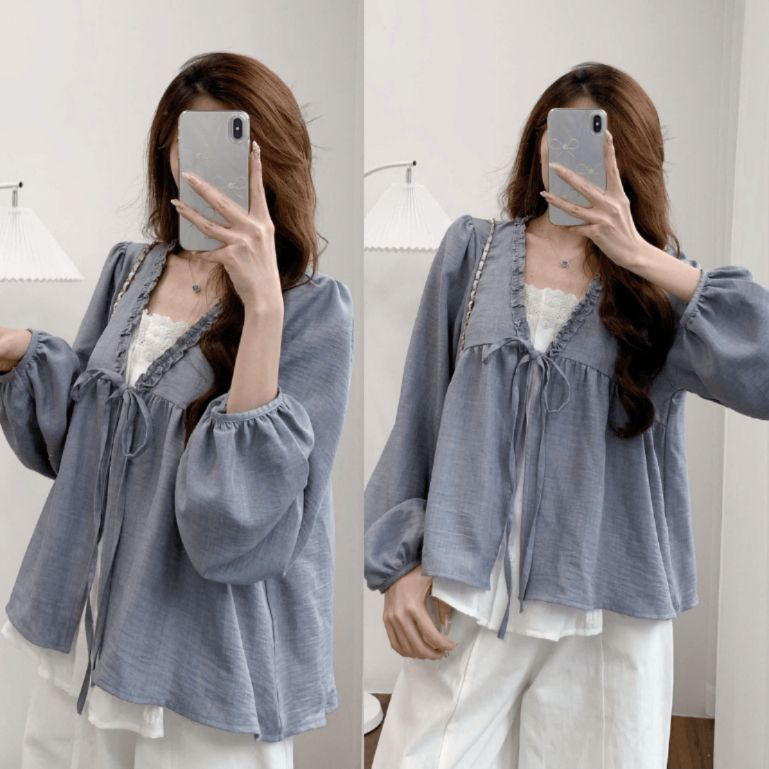 Áo Babydoll Phối Viền Bèo 2 Lớp Thắt Nơ A3123 Thời Trang Nữ Bigsize - SamHi Closet