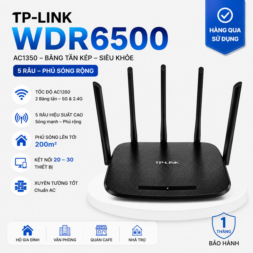 Bộ Phát Wifi TPlink 5 Râu WDR6500 - AC1.350Mbs, Băng tần kép, Siêu Khỏe hàng qua sử dụng cũ | BigBuy360 - bigbuy360.vn