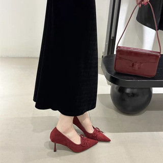 Giày Cao Gót Nữ Mũi Nhọn Gót Chân Slip-On Nông Miệng Nơ