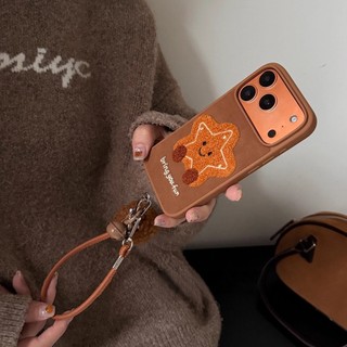 Dễ Thương Màu Nâu Sang Trọng Thêu Nụ Cười Ngôi Sao Nhỏ Flannel Vải Bóng Wrsit Dây Da Vỏ Điện Thoại Cho iPhone 17Promax 13 14 15 16 Pro Max Sweet Girly Vỏ Di Động