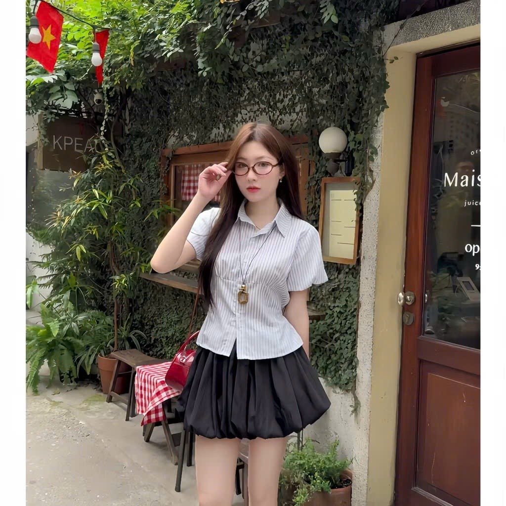 Áo sơ mi kẻ tay phồng dáng ngắn có dây thắt sau lưng chất thô linen cao cấp A285 SUTANO