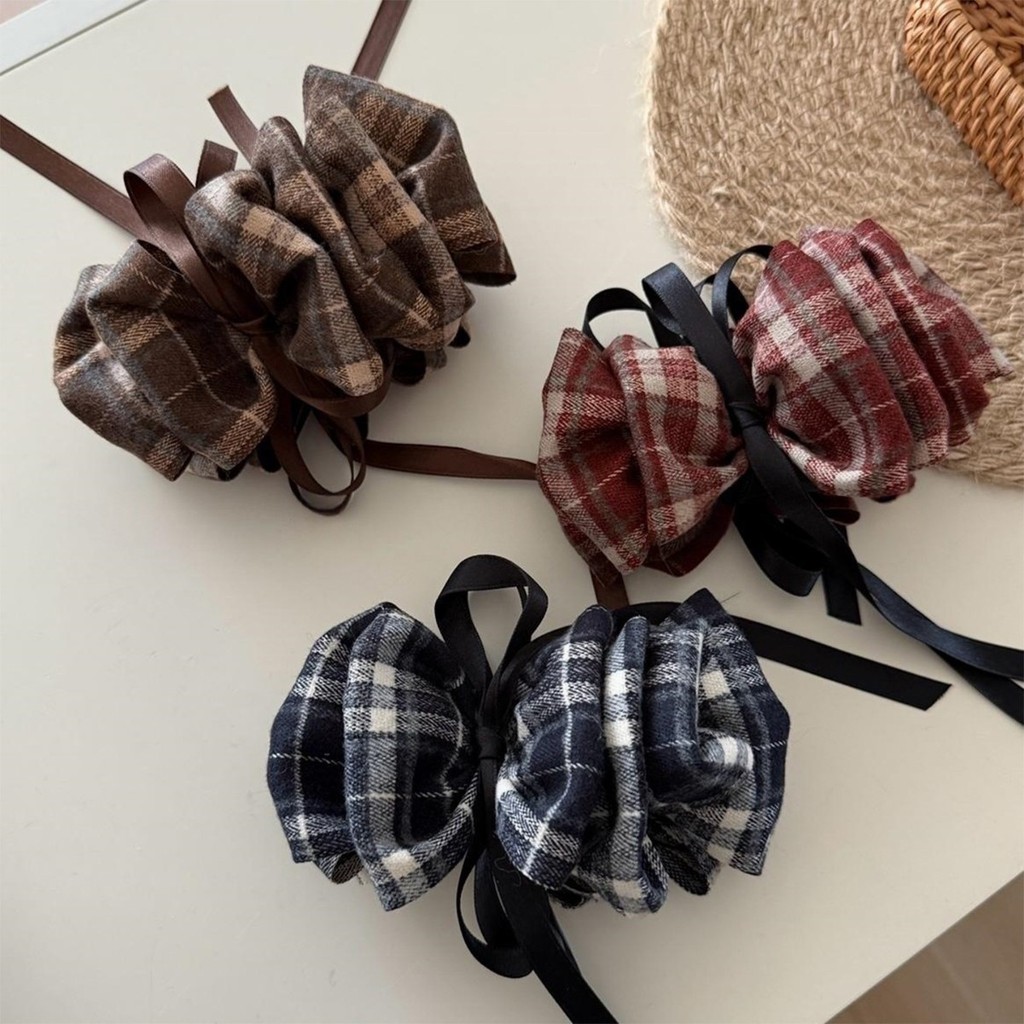 Kẹp Tóc Vải Kẻ Sọc Có Nơ - Phù Hợp Cho Season Thu Đông Và Streamer