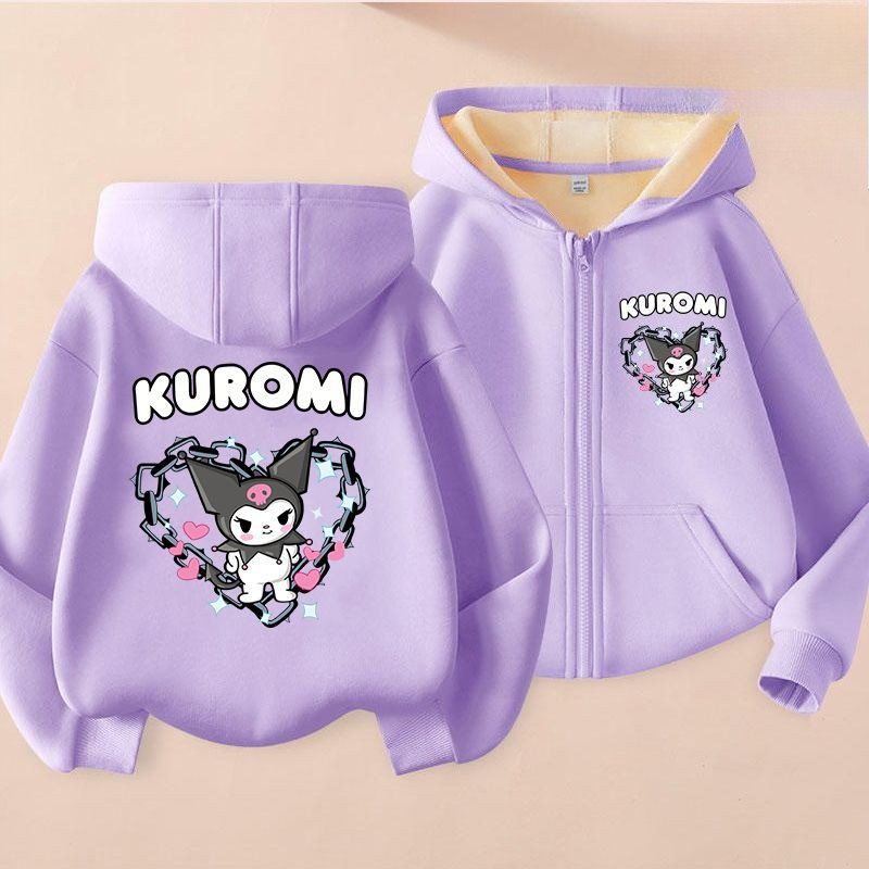 Kuromi Trẻ Em Zip Áo Khoác Lông Cừu Ấm Áp Lót Mềm Mại Hoạt Hình Có Mũ Trùm Đầu Áo Khoác Ngoài Thoải Mái Cho Bé Gái