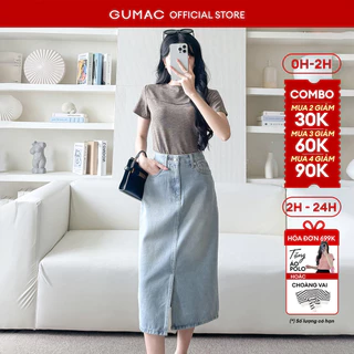 Chân váy nữ Gmorning - GUMAC jean midi xẻ tà trước có túi hàm ếch  YVJF09008