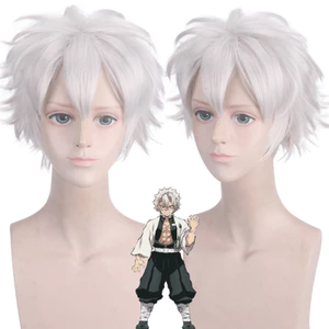 Tóc giả cosplay Shinazugawa Sanemi từ bộ anime Kimetsu no Yaiba, màu xám bạc với kiểu tóc ngắn uốn cong