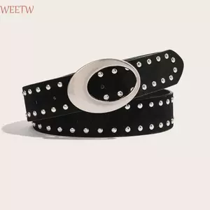 Thắt lưng đinh tán da lộn WEETW, Thắt lưng in họa tiết da báo cay, Thắt lưng nữ bằng da PU cổ điển bằng kim loại màu đen Y2K
