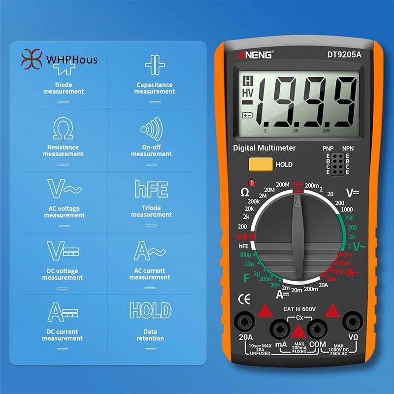 < WHPHous-t > Đồng hồ vạn năng kỹ thuật số DT9205A RMS 1999 Đếm điện áp DC Máy kiểm tra tụ điện có độ chính xác cao cho phòng thí nghiệm Điện tử làm việc Đẹp