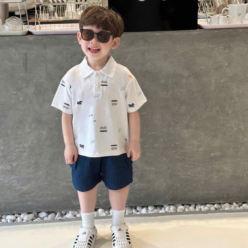 Bộ quần áo polo in Ô tô quần giả bò  cho bé trai, cotton mềm mát, thiết kế nam tính
