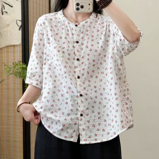 [Hàng có sẵn] Áo sơ mi nữ vải cotton dáng rộng in cỡ lớn xuyên biên giới ngoại thương Áo sơ mi cỡ lớn