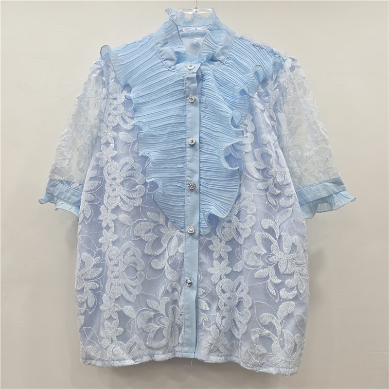 Cung Điện Retro Ánh Sáng Sang Trọng Người Nổi Tiếng Giảm Tuổi Rỗng Ren Khâu Xù Đứng Cổ Áo Sơ Mi Nữ Cao Cấp Top Hợp Thời Trang