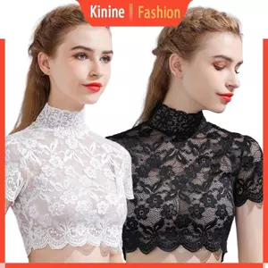 KIN Nữ Cổ Cao Cổ Có Thể Tháo Rời Cổ Ren Hoa Tay Ngắn Nửa Áo Sơ Mi Dickey