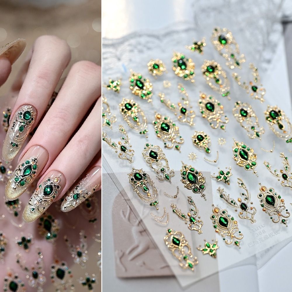 VVDZA 5D Dán Móng Tay, Thiết Kế Sang Trọng Ngọc Lục Bảo Màu Ruby Baroque Scepter Nail, Phong Cách Đỏ Đá Quý Xanh Đá Quý Vàng Scepter Shiny Giả Đá Quý Móng Tay Xmas Nail