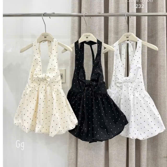 Áo Yếm Nữ Bí Ngô Họa Tiết Chấm Bi Lưng Bo Thun Thời Trang Trẻ Trung