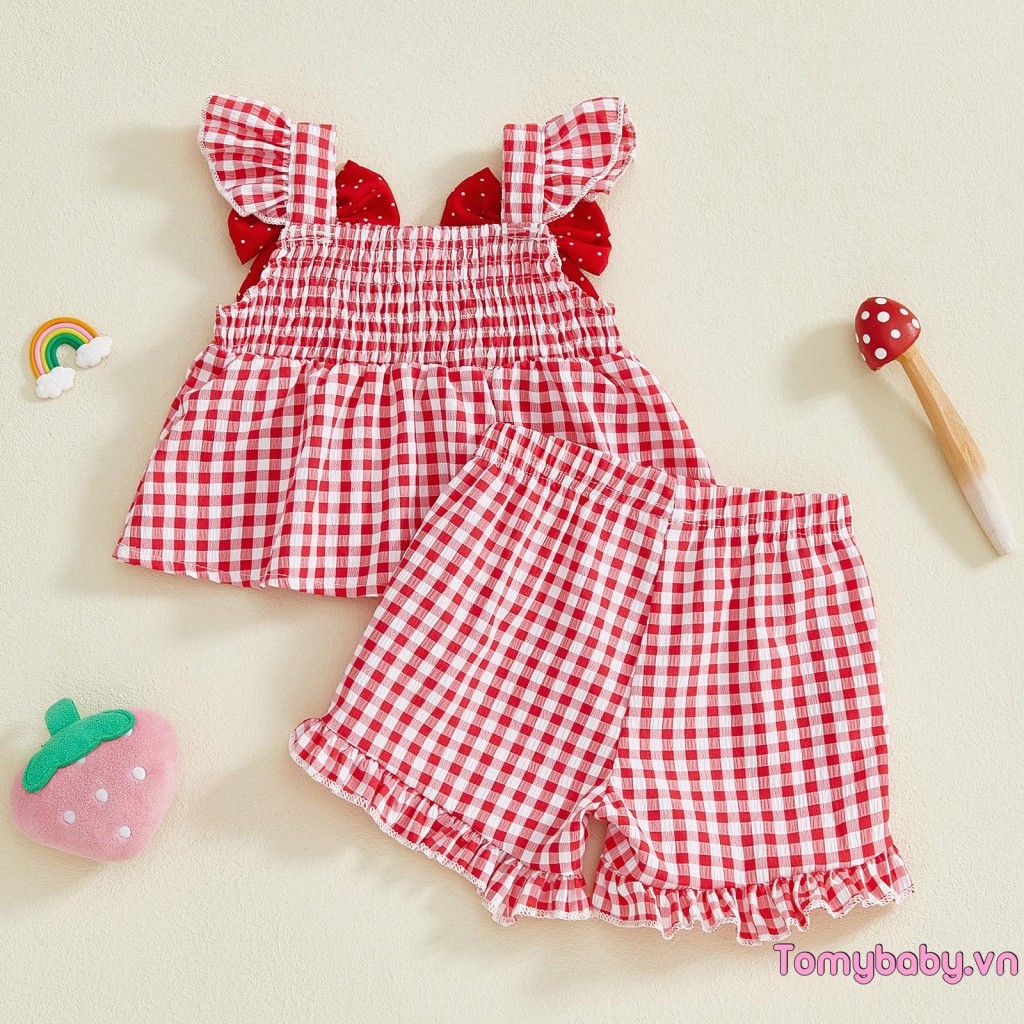 Bé Gái Trang Phục Mùa Hè Dâu Thêu Kẻ Sọc Nơ Xù Viền Xe Tăng Áo + Quần Short Bộ 2 Chiếc