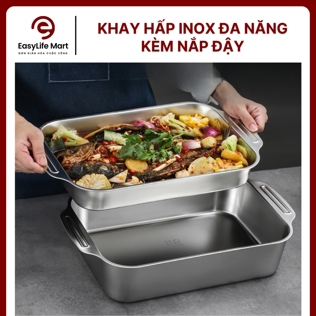 Khay Hấp Inox Đa Năng Kèm Nắp, Dụng Cụ Hấp, Nướng, Lẩu Tiện Lợi