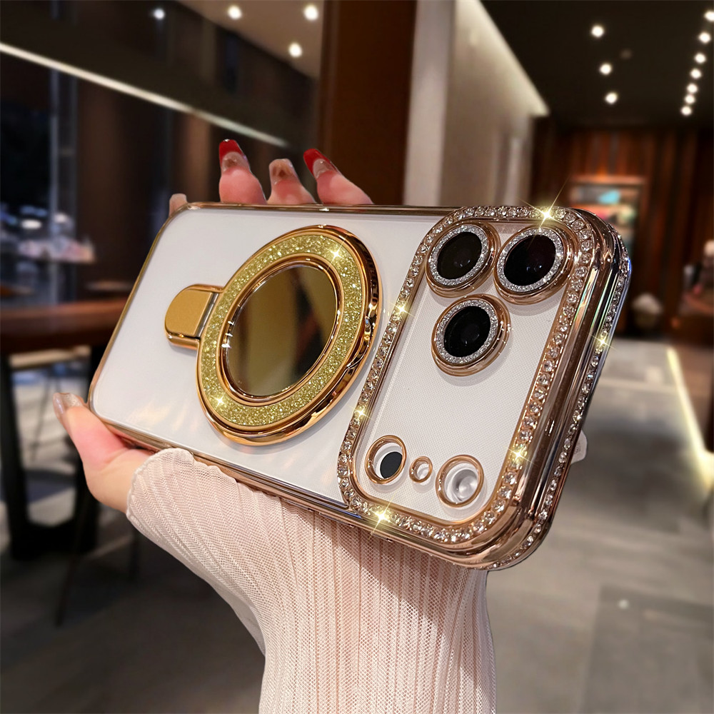 Sang Trọng Gương Lấp Lánh Gắn Từ Tính Ốp Lưng Điện Thoại iPhone 17 Pro Max 16 12 13 14 15 Pro Max Ống Kính Bảo Vệ Camera Vỏ Chống Sốc TPU Vỏ Mềm Điện Thoại