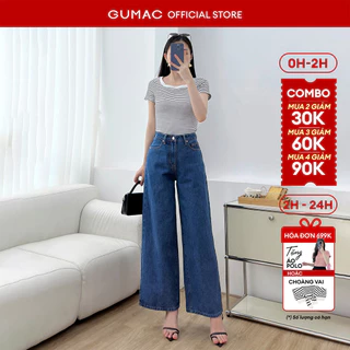 Quần jeans nữ Gmorning - GUMAC ống suông xanh đậm denim jeans mềm tôn dáng  YQJF03048