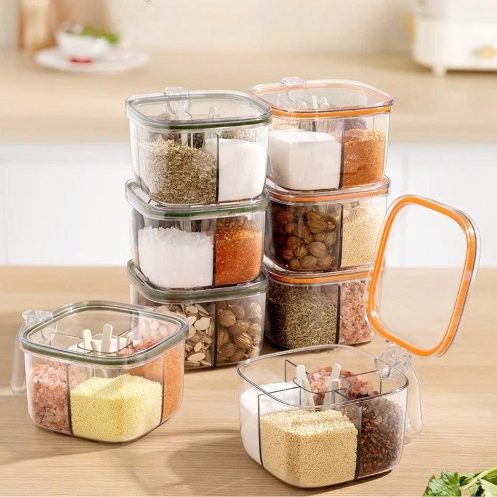 Hũ gia vị 4 ngăn nhà bếp - Giữ tươi, dễ cất, Hũ, Hộp Đựng Gia Vị, Đa Năng, 4 Ngăn, Kèm Muỗng, Có Nắp Đậy