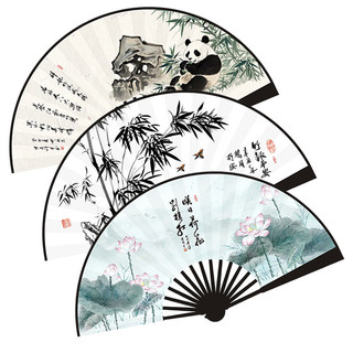 Quạt gấu trúc gấp tre, vải lụa hoa sen, phong cách Trung Hoa, hai mặt, di động học sinh, 25.11.26