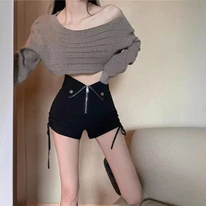 Niche Quần short ống rộng thông thường Slimmer Look Sweet Little Hot Girl Đen Thiết kế eo cao Slim fit Hot Pants Nữ 5.12
