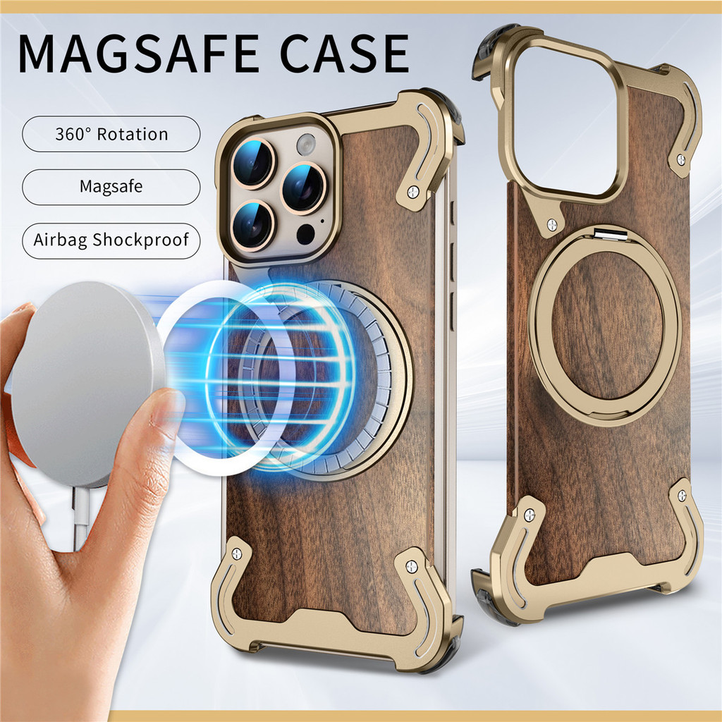Hợp Kim Nhôm Điện Thoại Di Động Ốp Lưng Cho Funda iPhone 17 Pro Max 16 Pro Max 15 Pro Chắc Chắn Gỗ óc chó Kim Loại Đứng Cho Bao Da