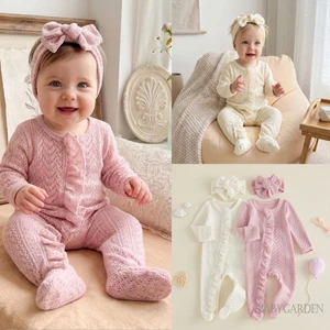 Bộ trang phục bé gái sơ sinh dài tay cổ tròn xếp nếp Zipped Footies Áo liền quần và băng đô Quần áo mùa thu