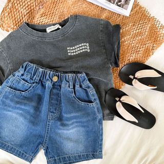 Bé Trai Rửa Nước Đau Khổ Đen Nguyên Chất Cotton Ngắn Tay Áo Thun Đẹp Trai In Chữ Nửa Tay Top