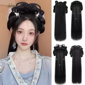 DELMER Cổ Tóc Giả, Dài Tổng Hợp Hanfu Tóc Giả Đầu, Truyền Thống Vintage Mũ Vô Hình Tự Nhiên Hanfu Cosplay Tóc Nữ