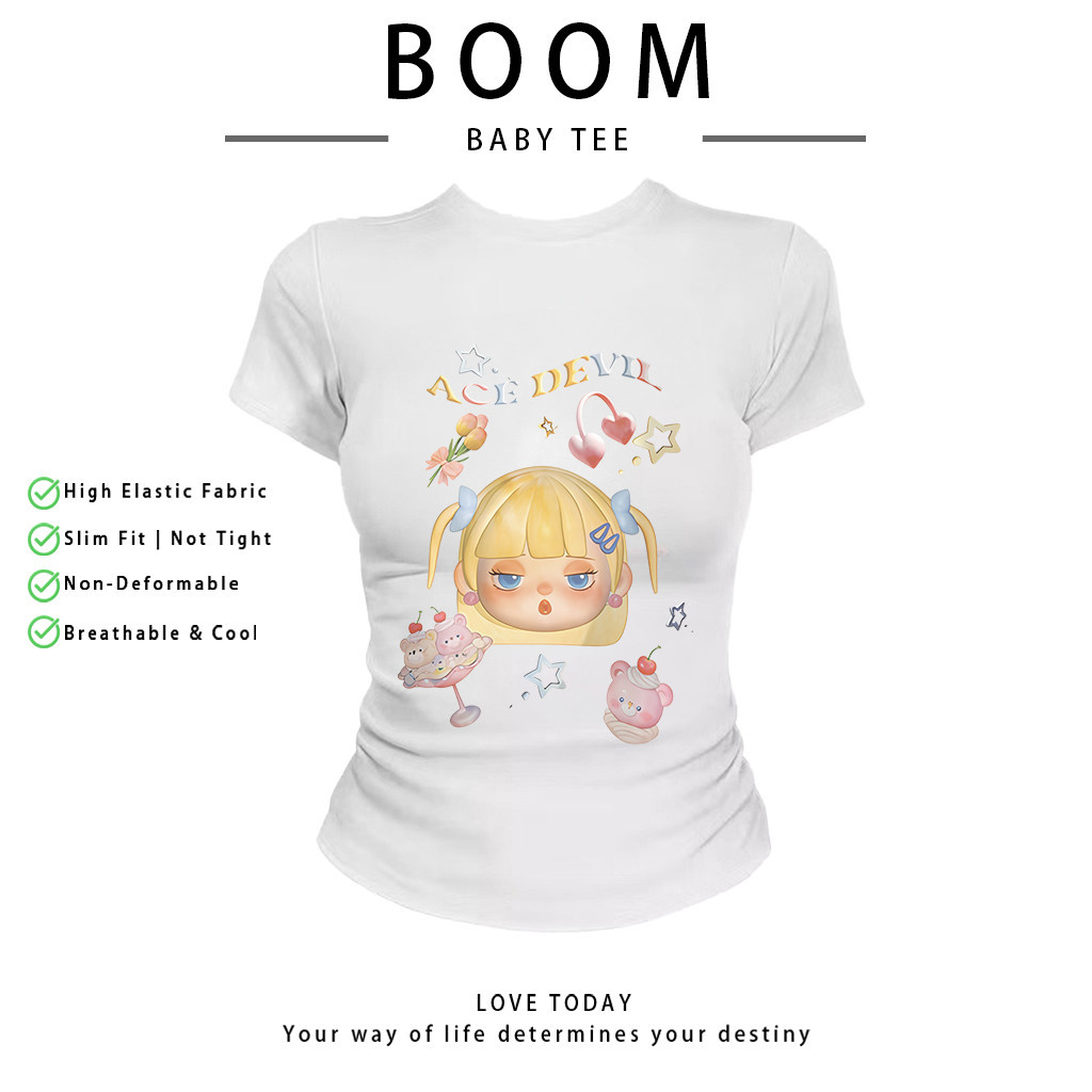 BOOM Áo Baby Tee Nữ Cotton Ôm Body-Áo Thun Ngắn Tay Y2K In Hình PhongCách Mùa Hè, Cổ Tròn Hàng Đầucách hàn quốc phongC41