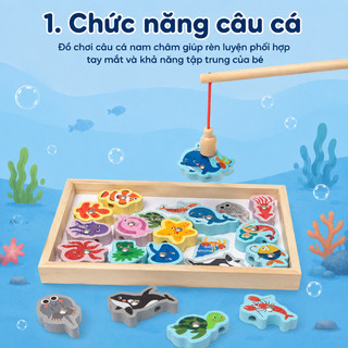 Đồ chơi gỗ câu cá nam châm – Sinh vật biển, ghép hình, xâu dây – Rèn luyện tay mắt, phát triển trí tuệ cho bé