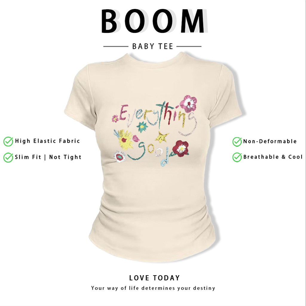 BOOM Áo Baby Tee Nữ Cotton Ôm Body-Áo Thun Ngắn Tay Y2K In Hình PhongCách Mùa Hè, Cổ Tròn Hàng Đầucách hàn quốc phongC47
