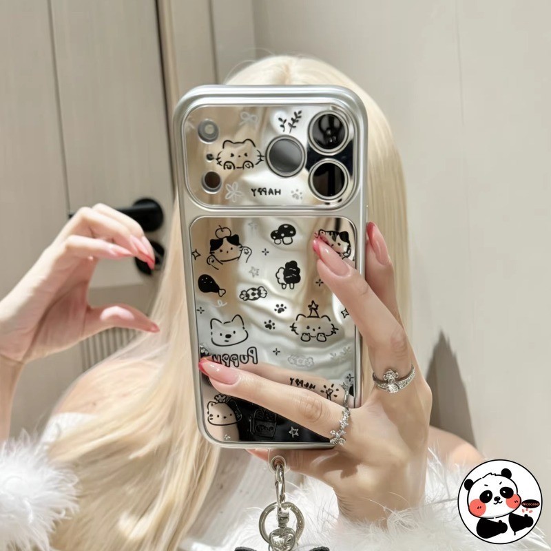 Ốp Điện Thoại Gương Bạc Puppy Cho OPPO Reno 15 Pro Max Mini 14 13 11 10 9 8 Pro Plus 8Z 7 Lite SE 7Z 5G 4G Vỏ Sang Trọng Hoạt Hình Dễ Thương Chó Mèo Ins Phong Cách Trang Điểm Vỏ Mềm