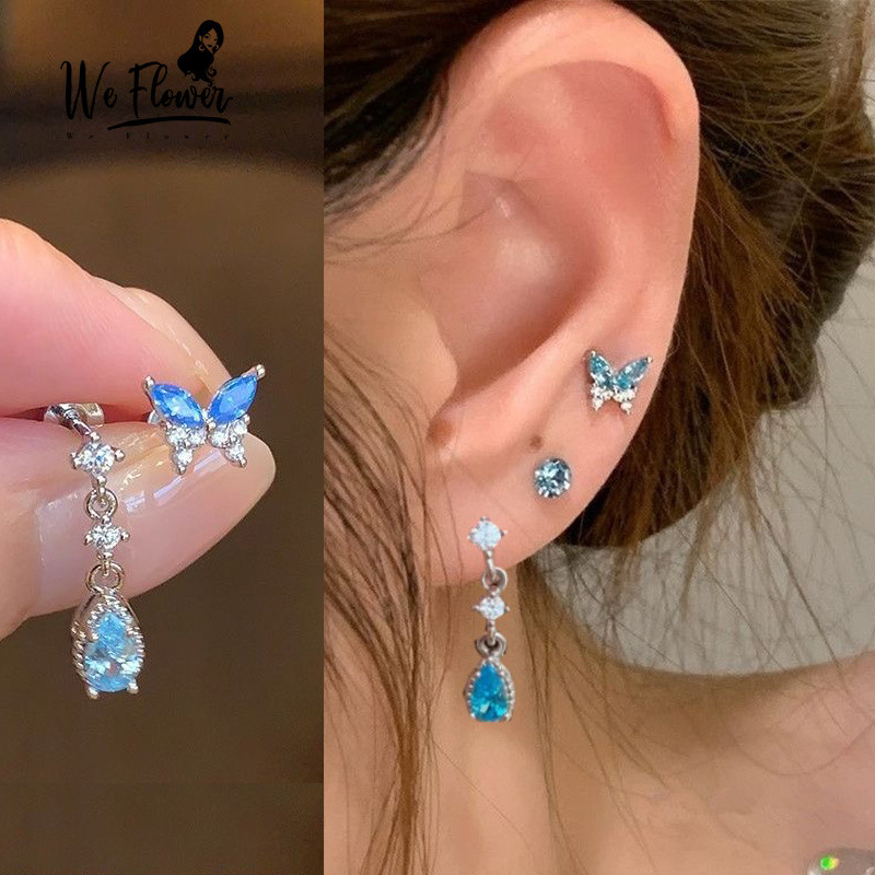 WeFlower Thanh Lịch s925 Bạc Xanh Bướm Vít Bông Tai Dành Cho Nữ Đính Hôn Tiệc Xuyên Tai Đinh Jewery Phụ Kiện