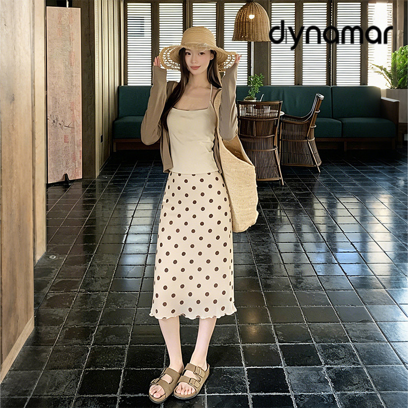 【dynamar】Hàng Có Sẵn-Chân váy lưới dài họa tiết chấm bi trắng Ocean Skirt, phù hợp để đi chơi biển vào mùa hè