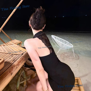 Đầm ngắn ôm sát tôn dáng, cổ yếm phối ren đen phong cách gợi cảm thanh lịch dành cho nữ