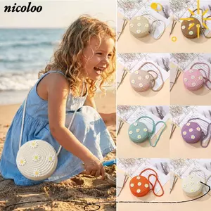 Túi rơm trẻ em NICOLOO, Túi cói hình tròn dệt, Túi đeo vai thủ công hoa cúc nhỏ sáng tạo cho trẻ em bé gái