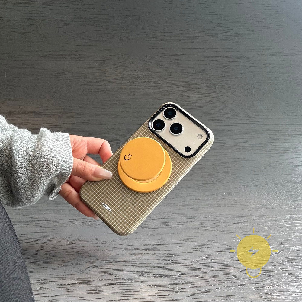Phone Case For iPhone 17 Pro Max 16 15 14 13 with Griptok TPU Magnetic yellow with Griptok Smile Grid Aesthetic Korean Cute