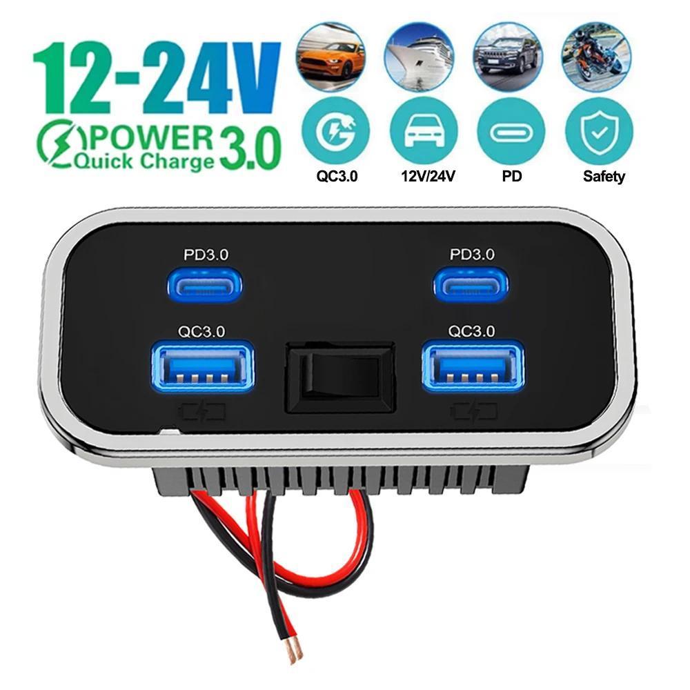 [Sẵn Sàng] Bộ Sạc Xe Hơi Dual USB Type-C 4 Cổng Sạc Nhanh QC3.0 + PD3.0 Bộ Chuyển Đổi Nguồn Cho SUV RV Cắm Trại Bus Marine